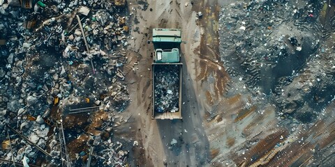 Aerial view of a garbage truck unloading waste in a landfill highlighting environmental concerns and waste management practices. Concept Aerial Photography, Waste Management, Environmental Concerns