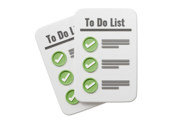 3d To do list paper sheet icon concept. All tasks are completed. Planning sign design. Paper sheets with check mark. Minimal cartoon isolated on purple background. 3d rendering illustration.