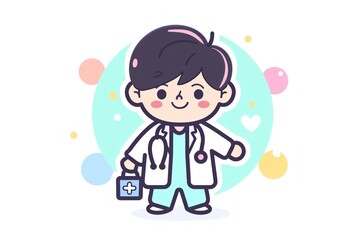 A cute doctor character logo in the simple flat style with pastel colors