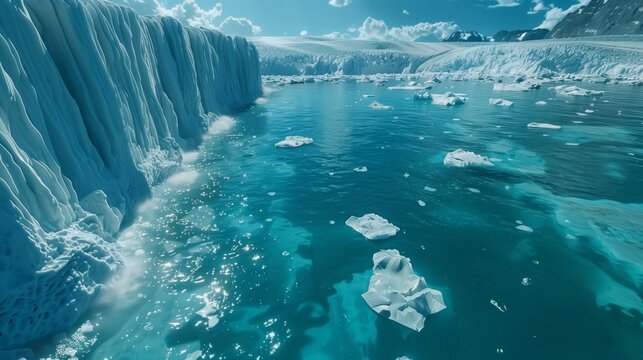 A powerful image of a glacier calving into the arctic sea, with icebergs floating away in the cold, blue water.
