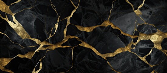 Luxurious black marble with intricate golden swirls and dazzling gold accents creating a lavish and elegant background