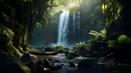 Abwaschbare Fototapete Panorama of a waterfall in a tropical rainforest, long exposure © Iman