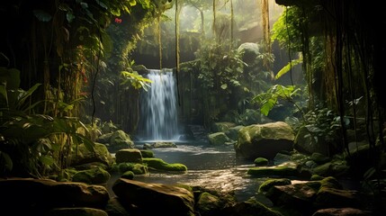 Panoramic view of waterfall in tropical rainforest with sunbeams - obrazy, fototapety, plakaty