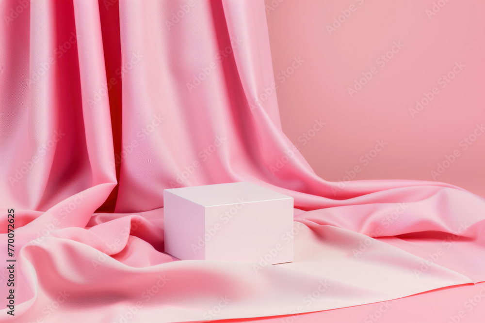 Aufkleber white cube on pink satin fabric background with copy space. product presentation platform with a sof
