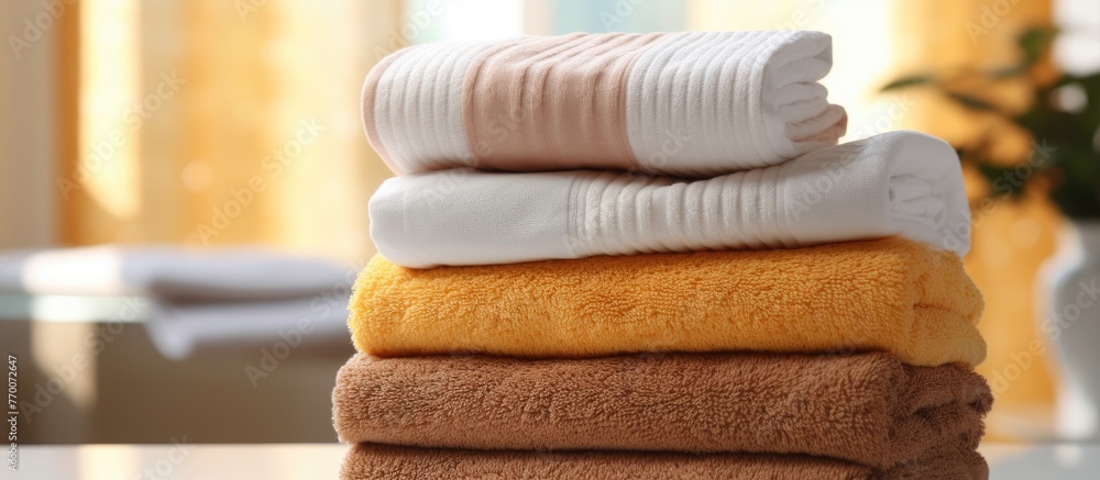 Poster neatly folded towels of various colors sitting on top of a wooden table, ready for use in a cozy set