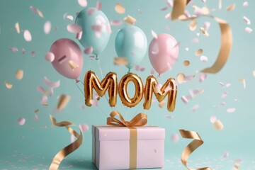 Mother's day card, golden glossy word mom, surrounded by many blue, pink balloons, sparkling glitters fireworks of confetti flying flout of open pastel gift box. Festive postcard template for birthday - obrazy, fototapety, plakaty