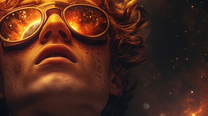 Obraz premium Close-up of a young man with special glasses looking at a solar eclipse, in a cosmic and surreal environment. The solar eclipse is reflected in the glasses while the young man looks amazed