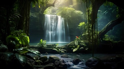 Panorama of a waterfall in a tropical forest. Panorama of a waterfall in a tropical forest. - obrazy, fototapety, plakaty