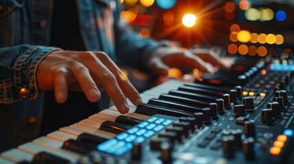 Close-up of a music producer's fingers playing chords on a MIDI keyboard, demonstrating creativity...