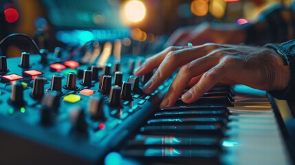In the intimate close-up, the music producer's fingers dance gracefully across the MIDI keyboard, showcasing unparalleled creativity in studio production. - obrazy, fototapety, plakaty