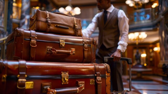Close-up of a hotel concierge arranging luggage for departing guests, providing attentive service.
