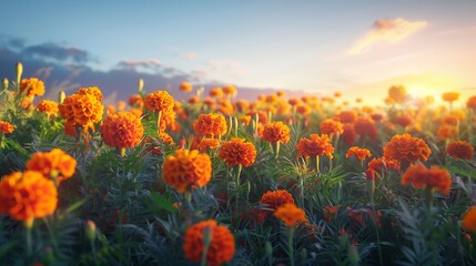 Fototapeta na wymiar A serene landscape of a blooming marigold field at sunrise, with the first rays of sunlight illuminating the vibrant orange and yellow flowers.