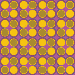 Vector, seamless, geometric, symmetrical pattern of yellow circles on dark pink background