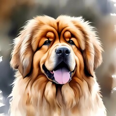 Stunning cute, funny and charming portrait of the Tibetan Mastiff breed in watercolor style on a white background. Generative AI - obrazy, fototapety, plakaty