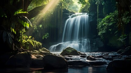 Panorama of a waterfall in a tropical rainforest on a summer day