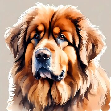 Stunning cute, funny and charming portrait of the Tibetan Mastiff breed in watercolor style on a white background. 