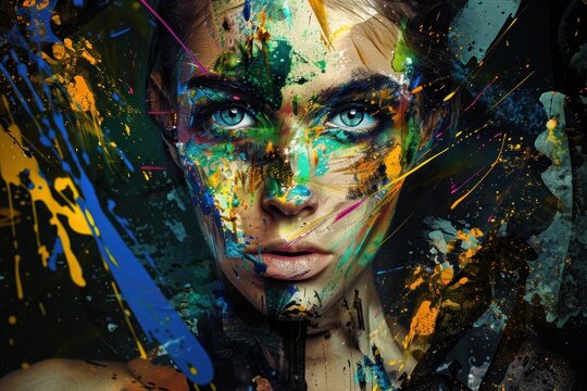 A beautiful woman with colorful paint splattered on her face