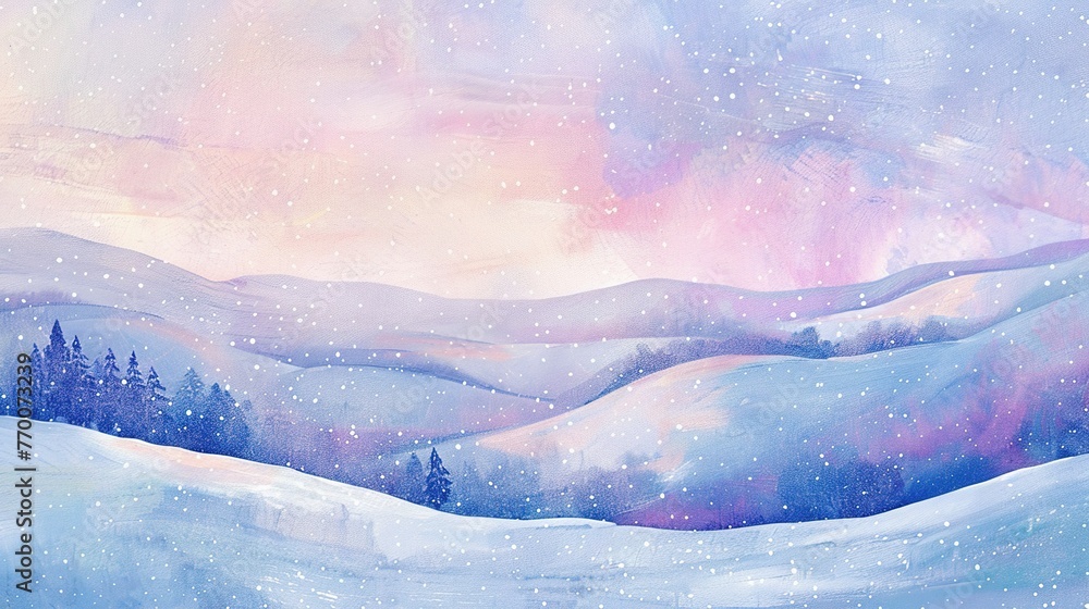 Sticker Abstract winter landscape with snow-covered hills and a pastel-colored sky