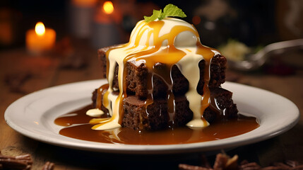 Chocolate brownies with caramel sauce and ice cream on a plate - obrazy, fototapety, plakaty
