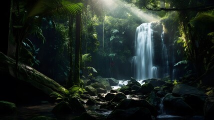 Panorama of a waterfall in the rainforest with sunbeams
