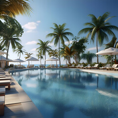 Fototapeta premium Swimming pool with palm trees and sun loungers. 3d render