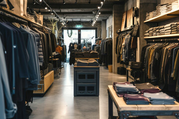 Modern fashionable interior of clothing store. Casual clothing, denim, jeans store with racks and shelves - obrazy, fototapety, plakaty
