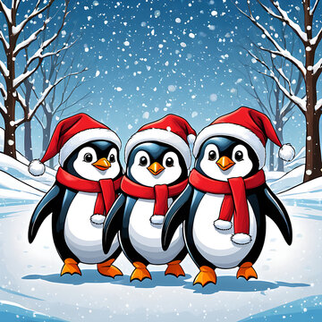 Vector illustration featuring penguins in Christmas Santa attire against a snowy background, capturing the festive photography