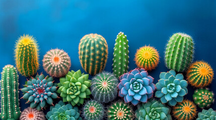 Variety of cactuses on blue background. Top view.