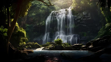 Outdoor kussens Panorama of a beautiful waterfall in the forest at sunset. Panoramic image. © Iman