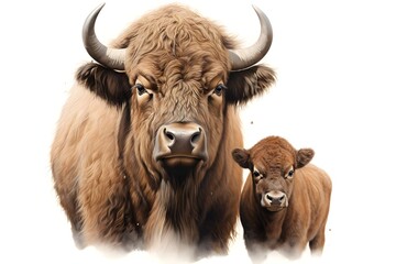 Motherly Love: Buffalo and Calf in High Detail on White Background