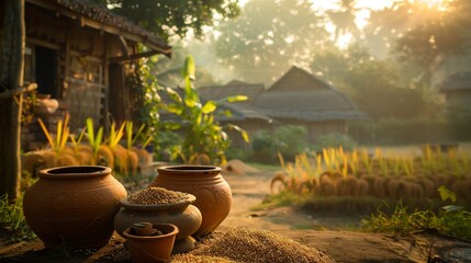 A serene scene of a Bengal village at dawn, with clay pots filled with freshly harvested paddy grains in the foreground. - obrazy, fototapety, plakaty