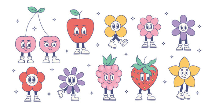 Retro groovy fruit, flower characters set. Vector cartoon funny daisy, apple, strawberry, cherry, raspberry. Trendy modern fruits