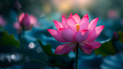 Obraz premium Pink lotus flower blooming in the pond with bokeh background.