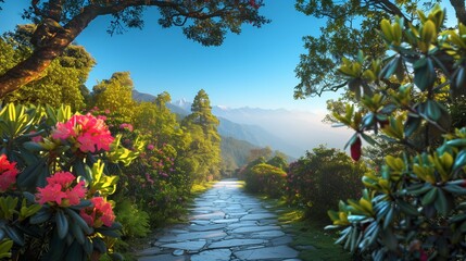A serene view of a stone path leading through a blooming rhododendron forest, Nepal's national flower, under a clear blue sky. - Powered by Adobe