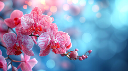 Beautiful pink orchid flowers on bokeh blue background, close up - obrazy, fototapety, plakaty