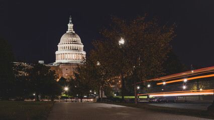 Capitol building at night with street and car lights, Washington DC USA