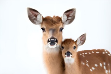 Gentle Nuzzle: Deer Mother and Fawn Close-up on White Background