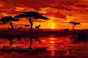 A digital painting of an African sunset