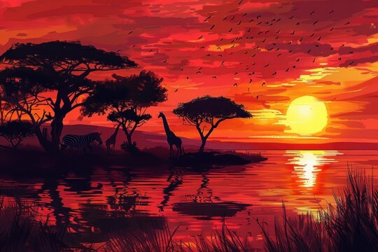 A digital painting of an African sunset with silhouettes of acacia trees and wildlife like zebras