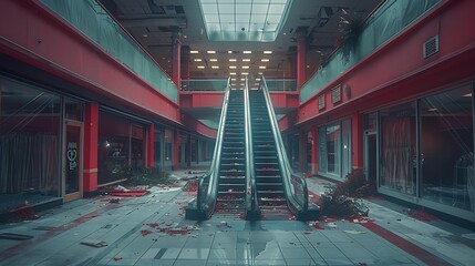 Capture the eerie stillness of a deserted shopping mall, its storefronts boarded up and escalators...