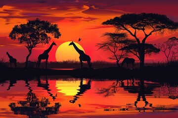 An vector illustration of an African sunset with silhouettes of acacia trees and giraffes - obrazy, fototapety, plakaty
