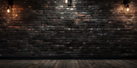 dark brick wall and floor illuminated by spotlights. 3D rendering - obrazy, fototapety, plakaty