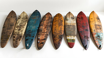 Collection of vintage wooden fishboard surfboard isolated on white with clipping path for object, retro styles