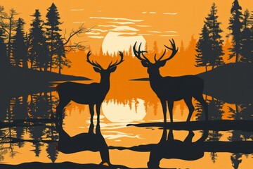 Stylized vector art of two deer standing in the style of the river