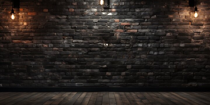 dark brick wall and floor illuminated by spotlights. 3D rendering