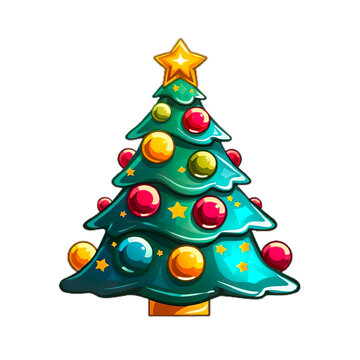 Christmas tree cartoon style with gold star on transparent background clipart