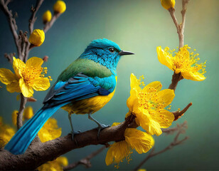 Um pássaro azul com amarelo empoleirado em um galho com flores amarelas.