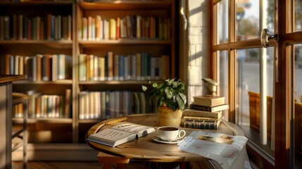 A serene, sunlit corner of a café with a small bookshelf filled with well-loved books available for customers to read. - obrazy, fototapety, plakaty