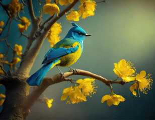 Um pássaro azul com amarelo empoleirado em um galho com flores amarelas.