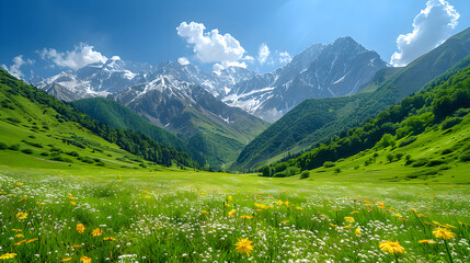 Fantastic Georgia mountain scenery on a warm summer day. Scene from the Caucasus Mountains depicting an alpine green meadow. Beautiful Svaneti mountain valley. Grasslands that provide a nutritious die - obrazy, fototapety, plakaty